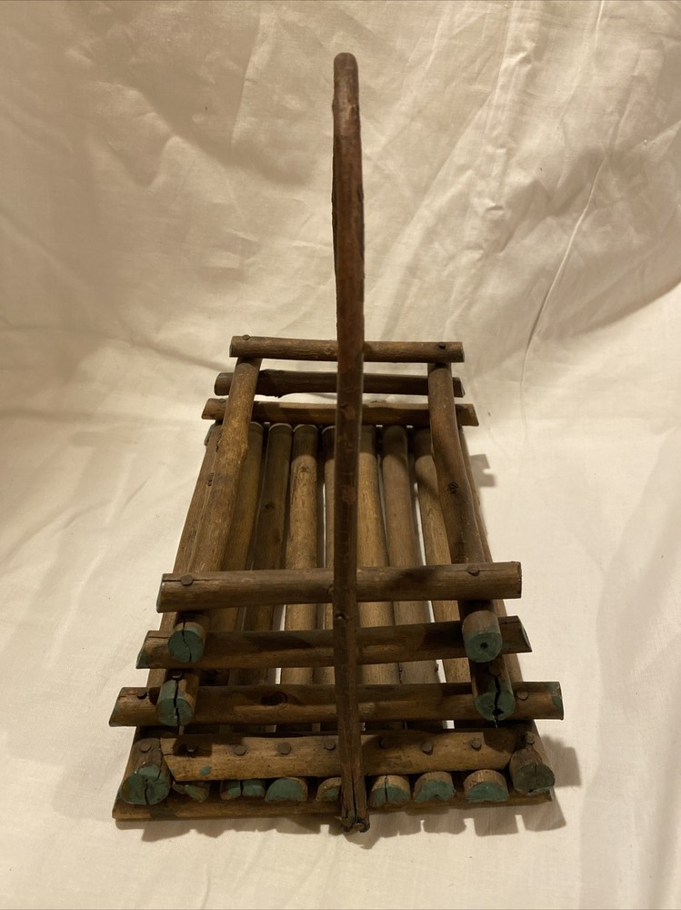 Authentic Handmade Vintage Primitive Stick Twig Basket w/ Handle