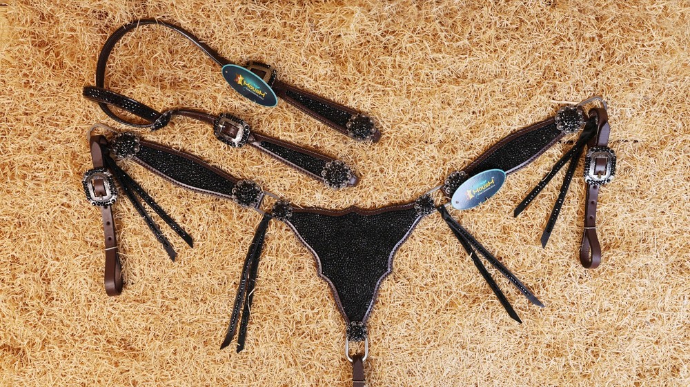 MOUSM One Ear Headstall & Breast Collar Set - Gladiator Style with Bling Strings