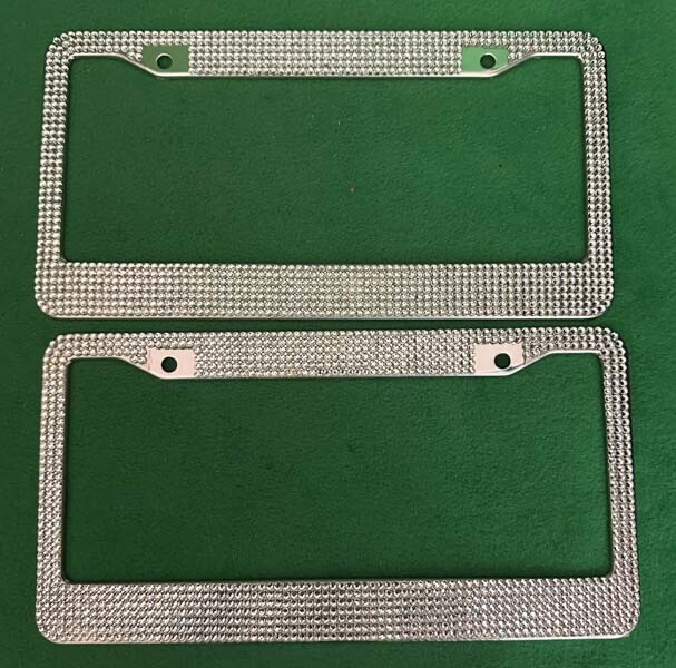 Alphastic Glass Diamond Car License Plate Frame 2 Sets Blue & Silver.