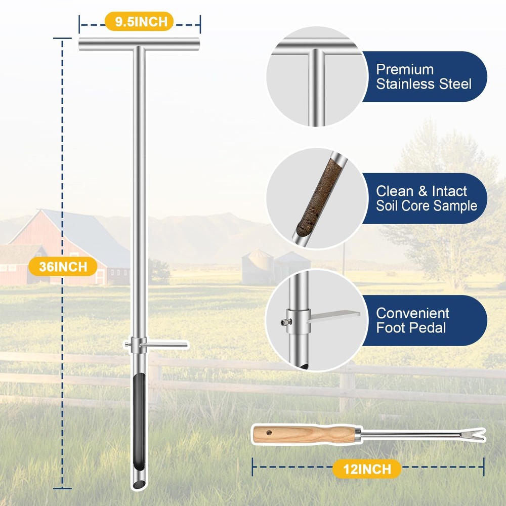 36 Inch Soil Sampler Probe, Stainless Steel Soil Core Sampling Tool with T-Ha...