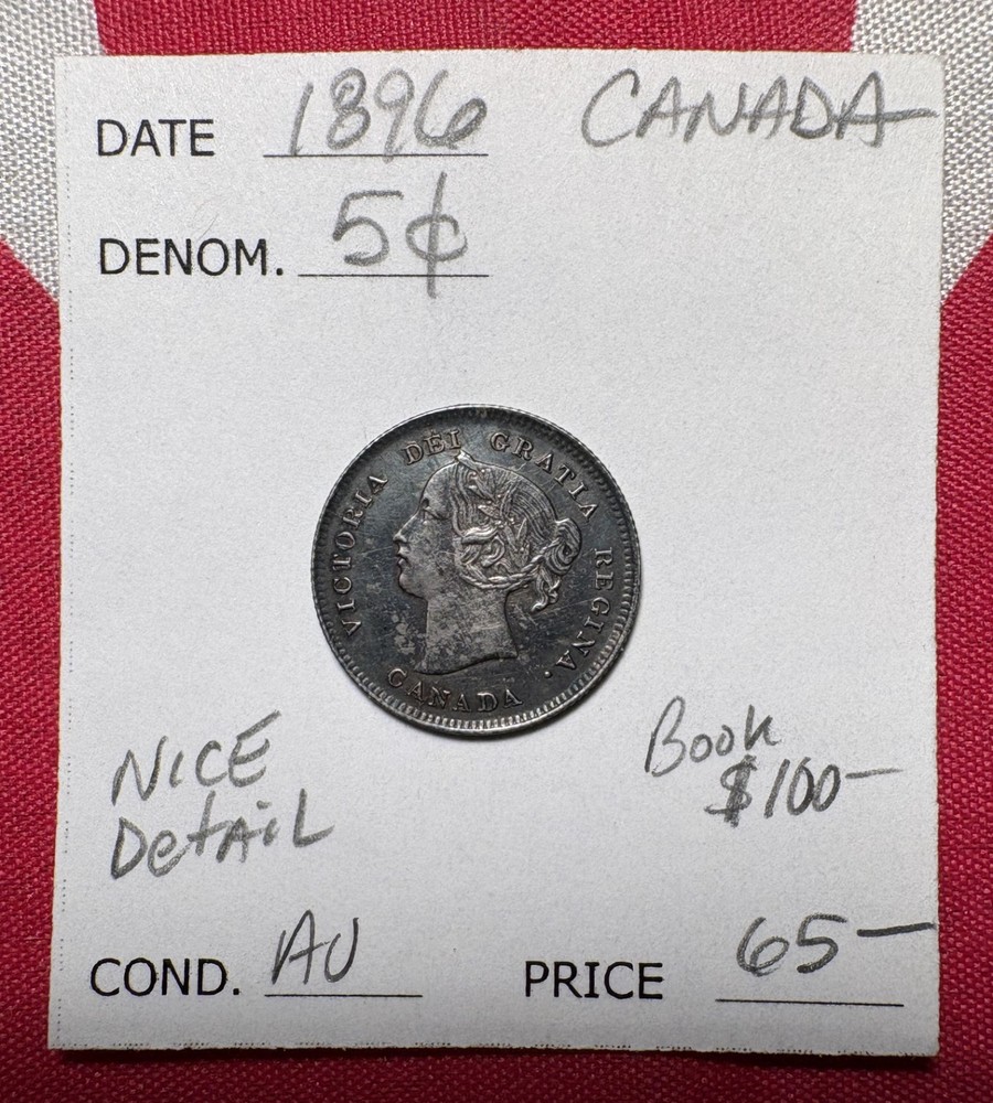 Canada 5-Cent Silver 1896, Better Condition Toned Coin, AU Nice Detail Fishscale