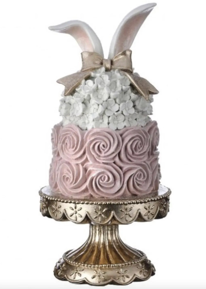 Regency Easter Cake Bunny Rabbit Ears on Pedestal Spring Decor Pink White 13.5"