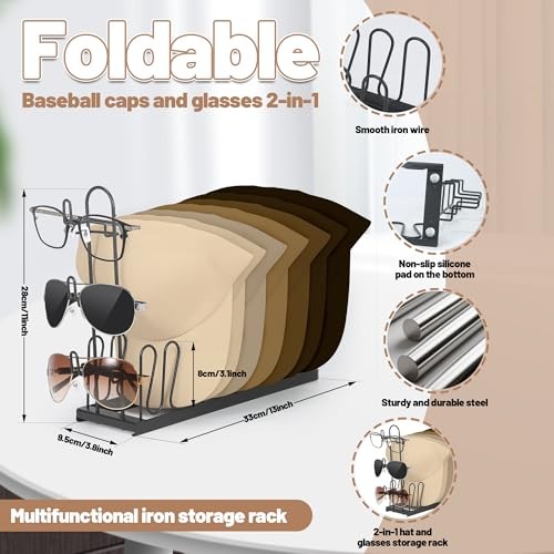 Hat & Sunglasses Organizer Rack, Foldable Storage Stand for 8 Baseball Caps &