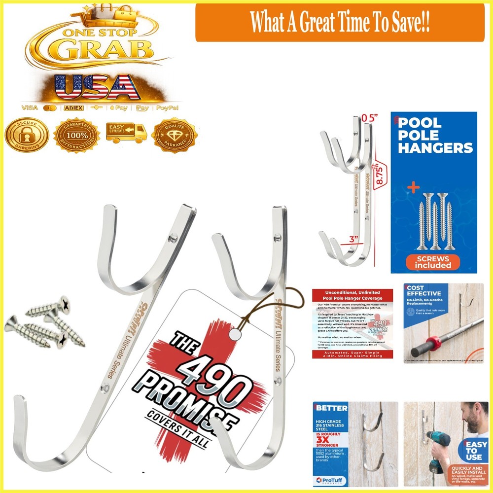 ProTuff Pool Pole Hanger Set 2 Pack Stainless Steel Utility Hooks Rust-Proof