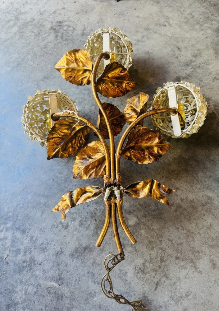 1950s Hydrangea Wall Light Sconces Italian Tole white enamel hydrangeas Pair