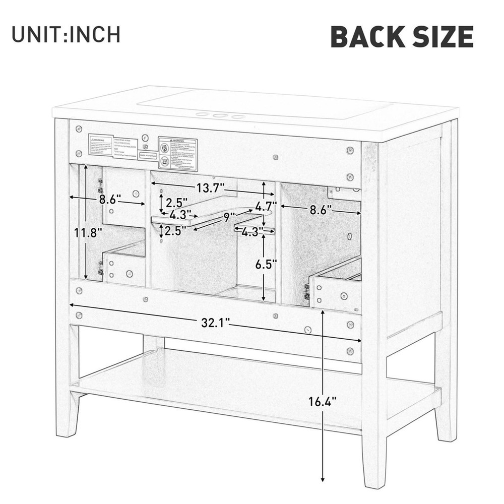 Modern 36” Bathroom Vanity with Ceramic Basin, Storage Cabinet, Drawers &