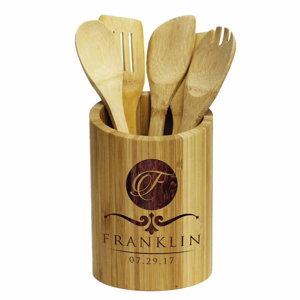 Personalized Kitchen Utensil Holder - Custom Engraved Bamboo Cooking Gift