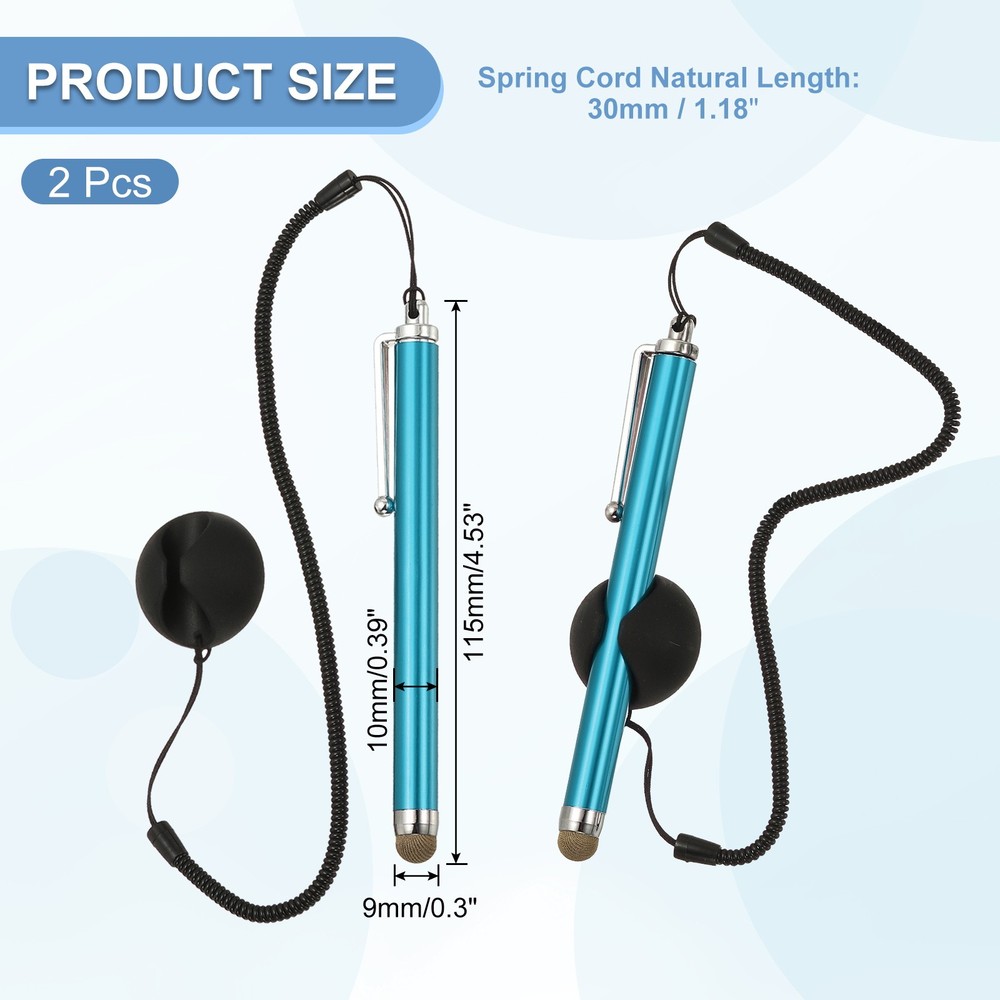 2 Pcs Screen Capacitive Pen with Spring Rope Fixing Dock Light Blue