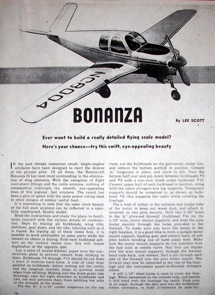 Two Sizes BEECH BONANZA V-TAIL PLANS & CONSTRUCTION ARTICLE for UC Model Planes