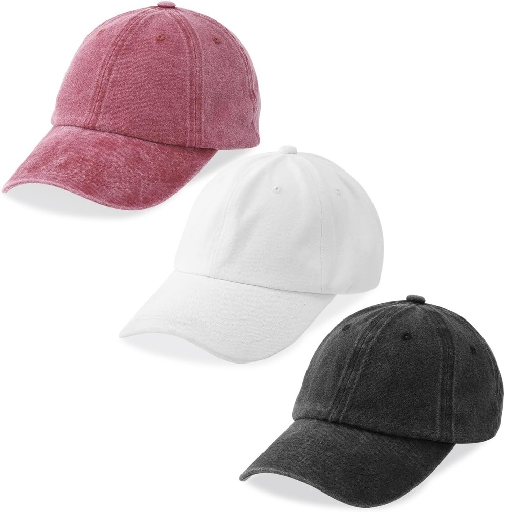 3 Pack Washed Plain Baseball Cap, Retro One Size, Black + White + Wine Red