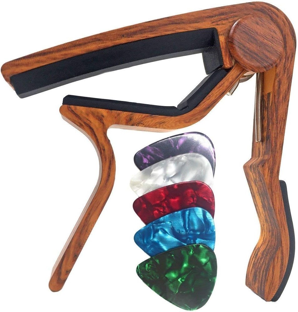 Deluxe Rosewood Capo for All string Instruments - Comes with 5 Guitar Picks
