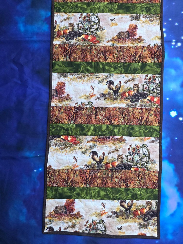 Handmade Quilted Table runner Thanksgiving Fall Autumn kittens chickens trees