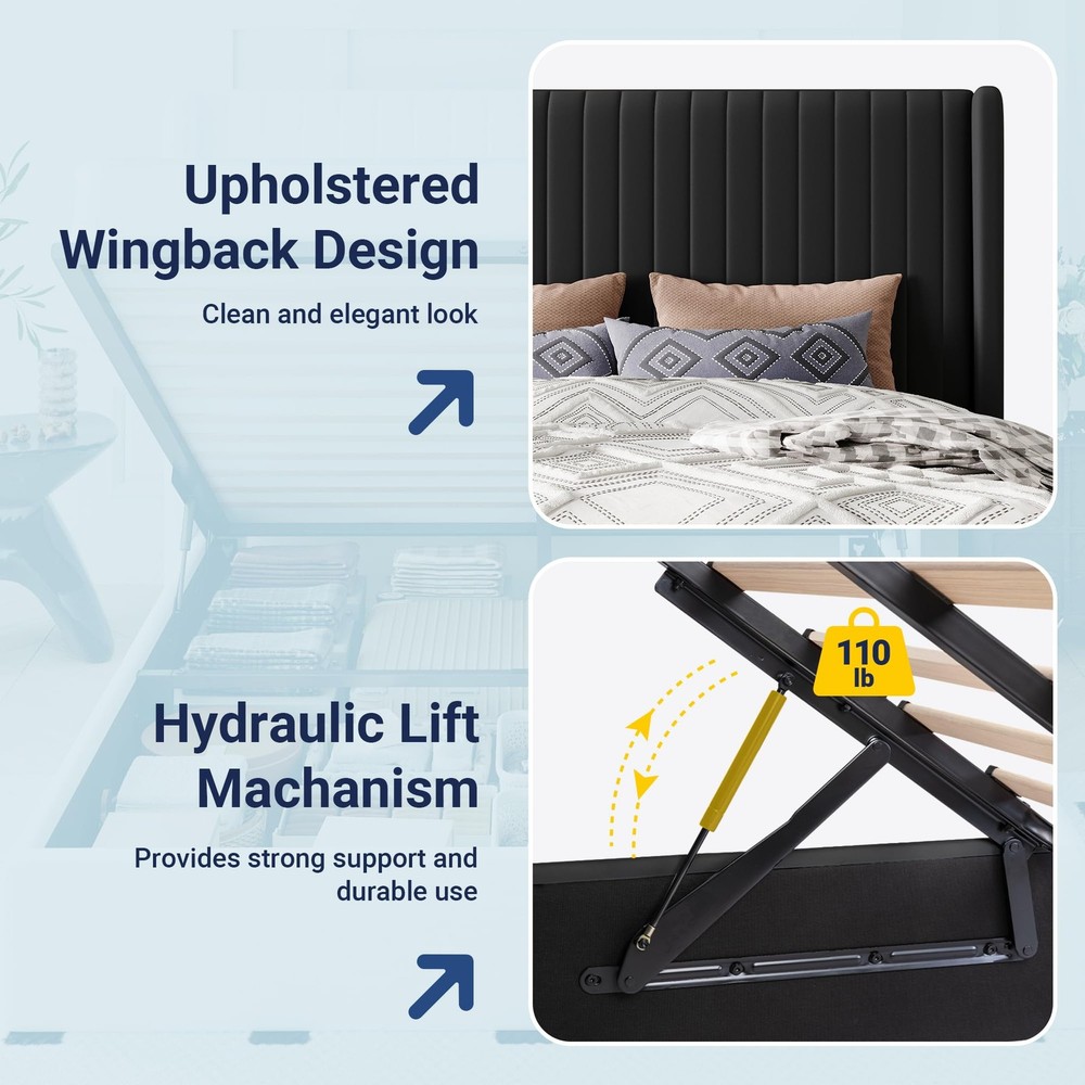 Queen Size Lift Up Storage Bed Frame, Hydraulic Support System, Upholstered P...