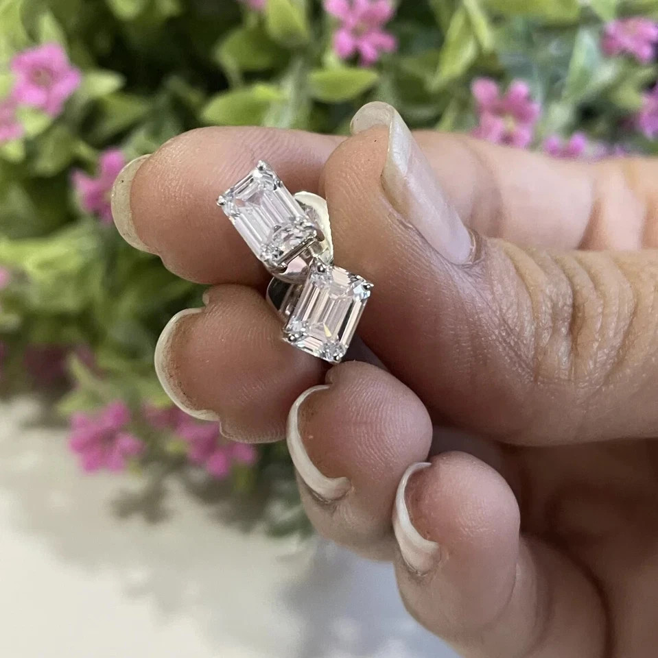 2Ct Emerald Cut Lab Created Diamond Solitaire Stud Earring 14k White Gold Plated