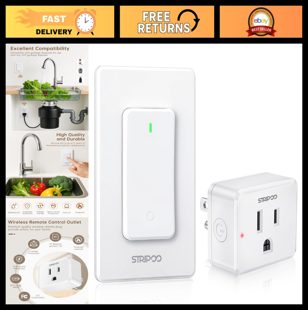 Wireless Garbage Disposal Switch with Remote Control, Wall Mounted, 300ft Range,