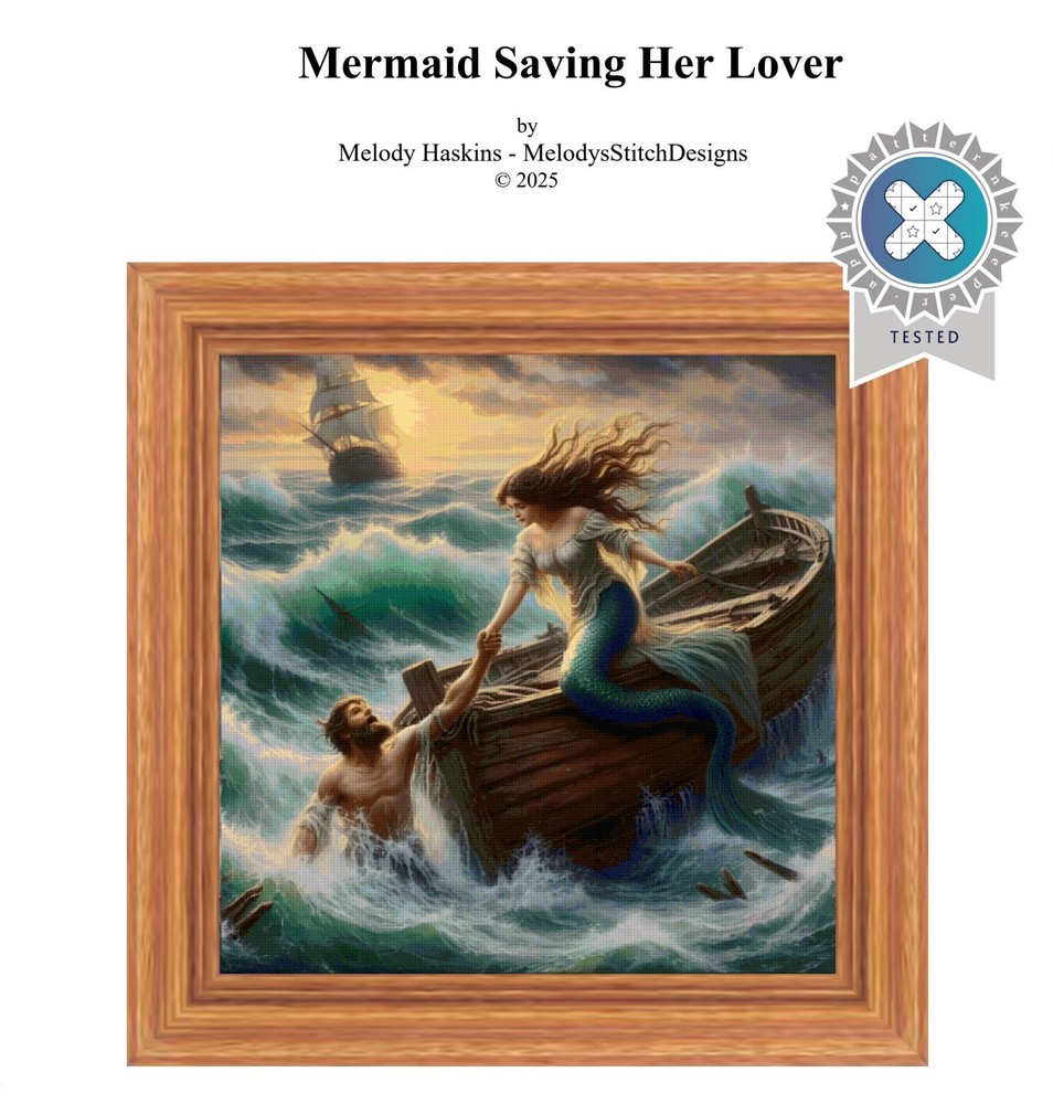Mermaid Saving her Lover Cross Stitch Design Includes Full Pattern Keeper File