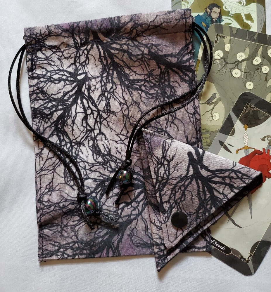 Tarot/Oracle Card Drawstring Bag Handmade Winter Branches w/Beads Crystal Pouch
