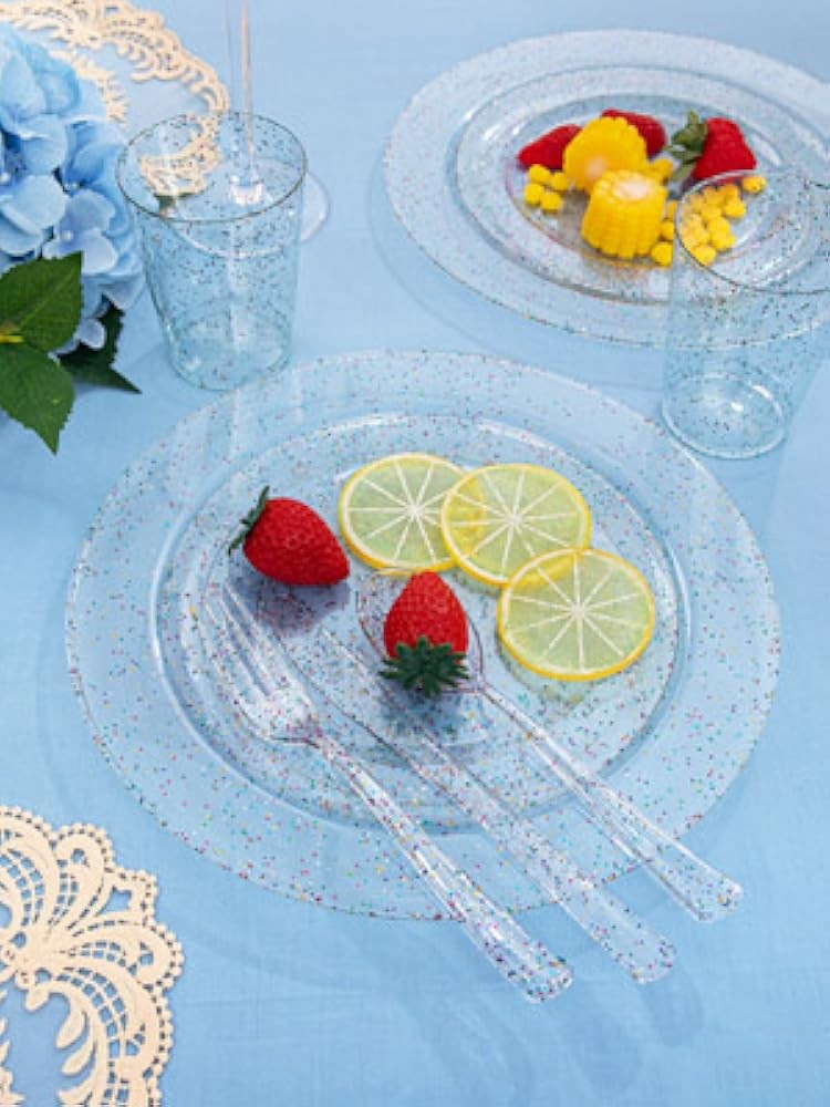 Rubtlp Glitter Plastic Plates with Glitter Disposable Sierware, Clear