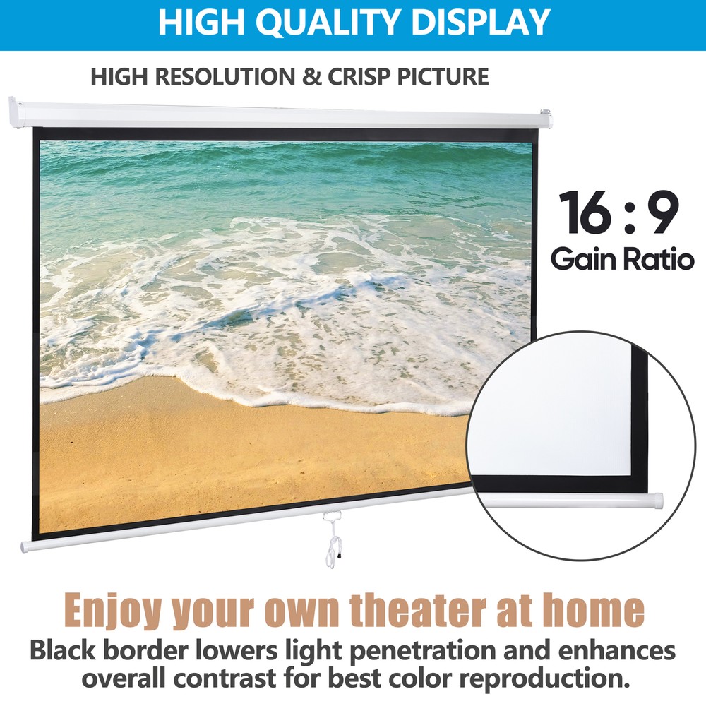 Projection Screen Manual Pull Dow 16:9 HD Wall & Ceiling Mounted for Home 80"