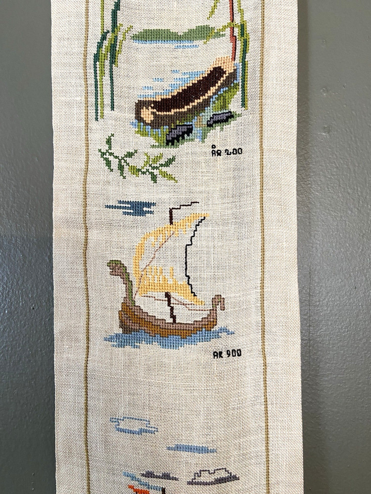 Vintage Hand Made Scandivanian Cross Stitch Bell Pull Linen Nautical Signed
