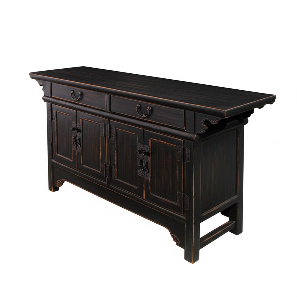 Distressed Black Scroll Accent Low Sideboard Console Table Cabinet ws4758