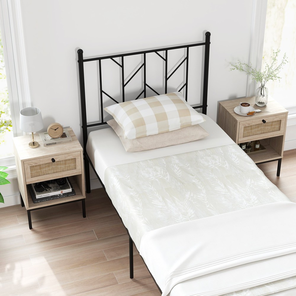 2 PCS Boho Style Nightstand Compact End Table w/Rattan Drawer & Open Shelf