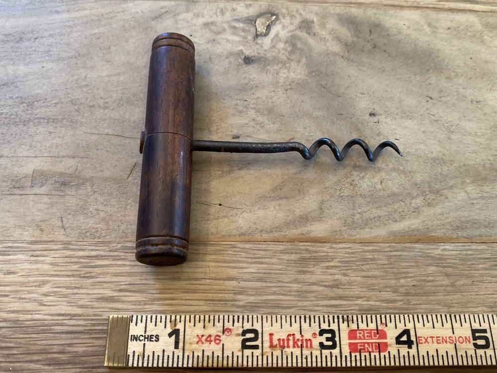 Antique Early Wood Handle Direct Pull Corkscrew Brass Grommet Top Simple