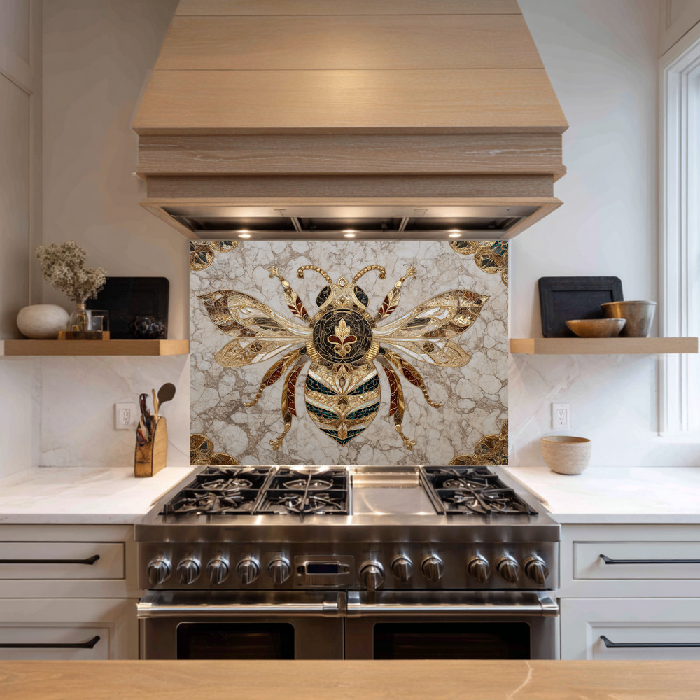 Gold Marble Look Bee Print Backsplash, Tempered Glass Kitchen Backsplash