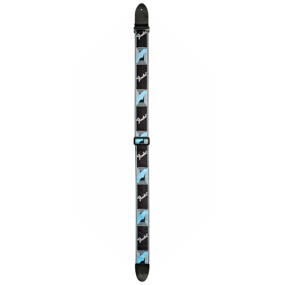 Fender Monogrammed Guitar Strap with Leather End, Black/Grey/Light Blue