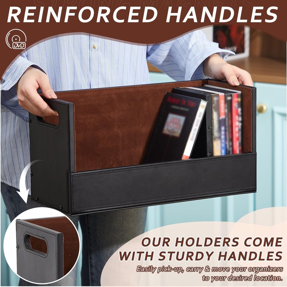 2 Set Leather Dvd Storage Box Stackability Dvd Storage Shelf Holder Racks Cas...