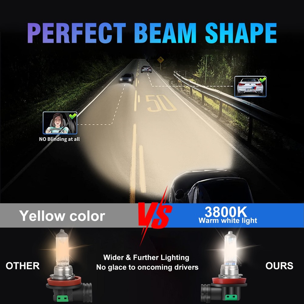 2X H11 Halogen Headlight Super Bright Bulbs Warm White High/Low Beam Replacement