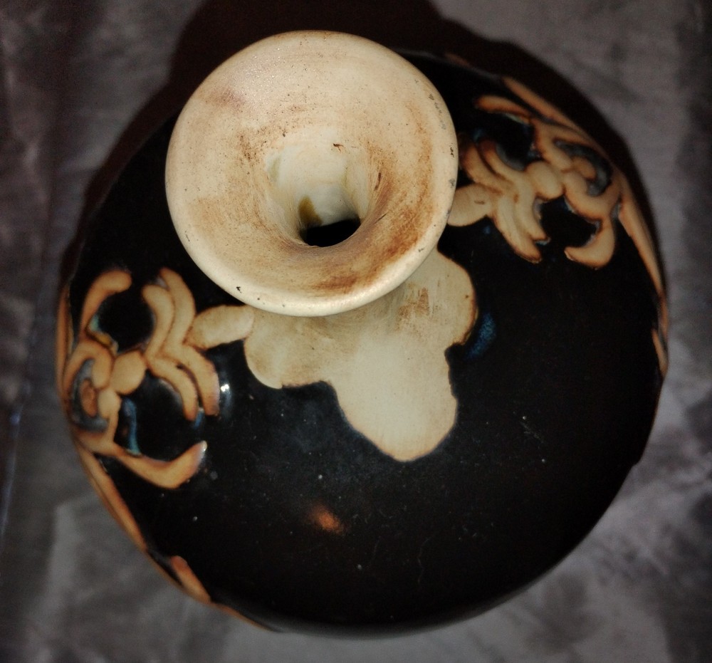 Decorative Glazed Narrow Neck Vase With Raised Scrollwork