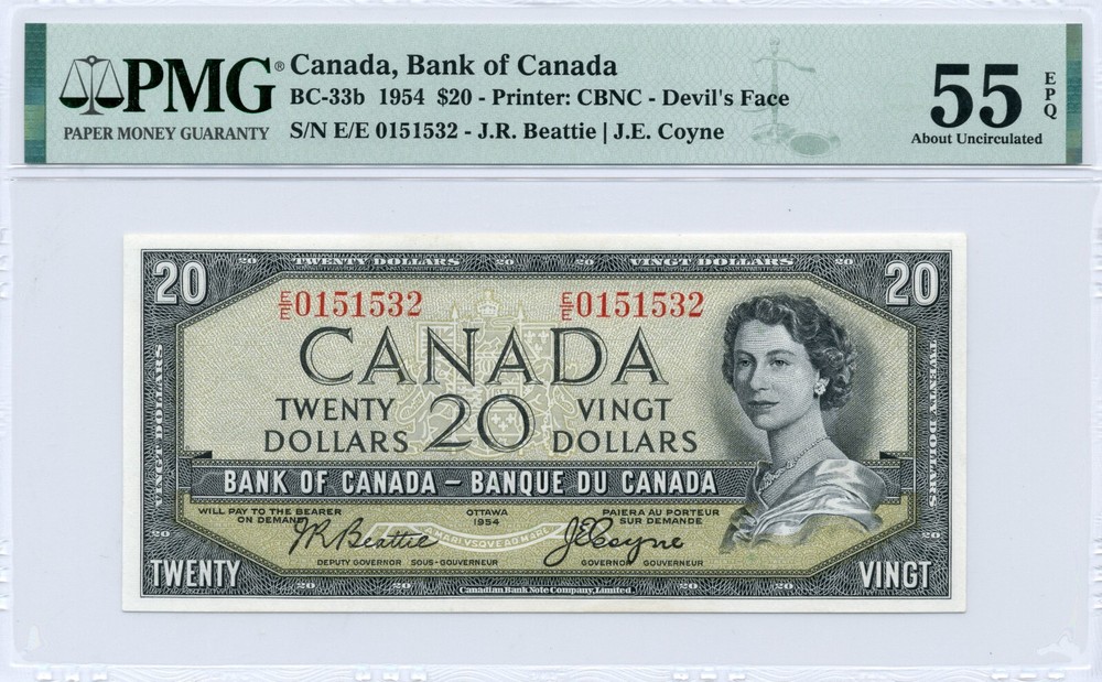 1954 $20 DEVIL'S FACE Canada, BC-33b, Prefix E/E, Choice About UNC, PMG AU55 EPQ