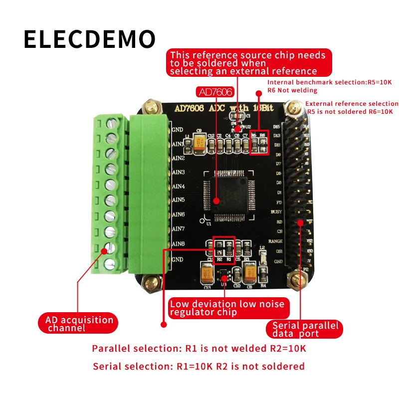 AD7606 AD Data Acquisition Module Board 16-bit ADC 8-channel Sampling 200KHz