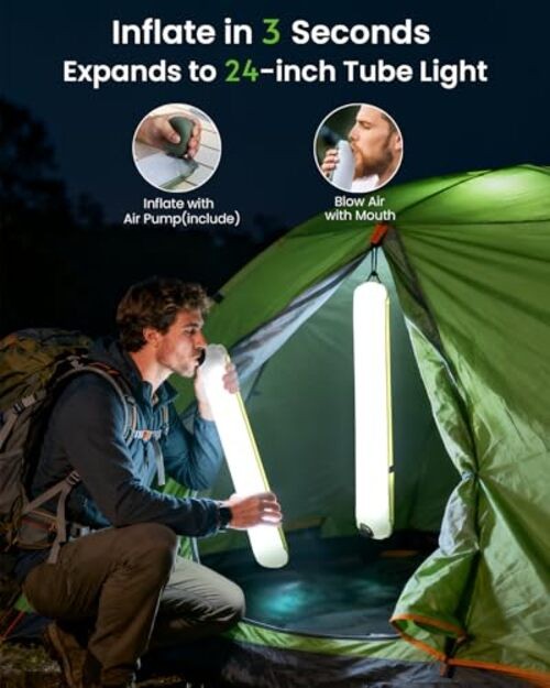 24" Foldable Inflatable Solar Camping Lantern, Magnetic LED Light 24in Green