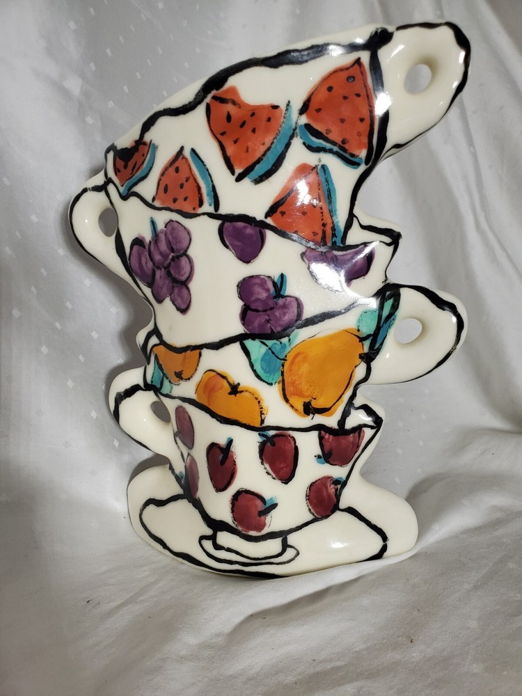 Tea Cup Stacked Ceramic Vase w/ handpainted fruit