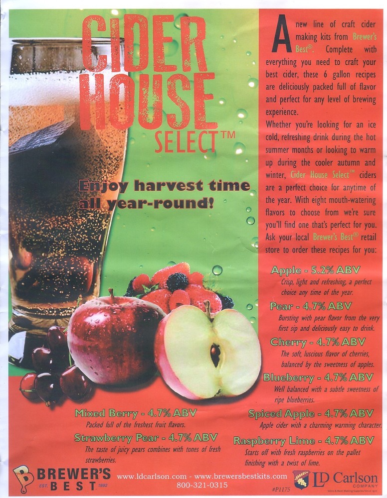HARD CIDER KIT EXCELLENT CHERRY APPLE CIDER HOUSE SELECT BREWERS BEST MAKES 6GAL