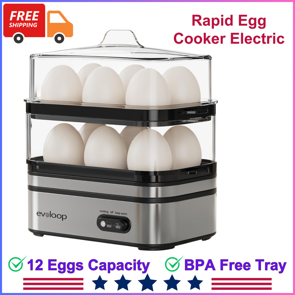 Evoloop Rapid Egg Cooker Electric 12 Eggs Capacity, Soft, Medium, Hard Boiled
