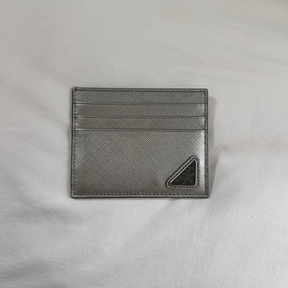 PRADA Triangle Logo Plate Card Case Silver