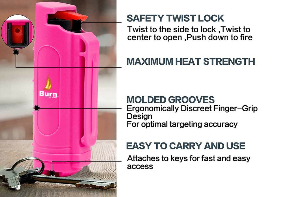 BURN Pepper Spray Keychain 1/2oz Pink Self Defense Security Case Molded - 4 PACK