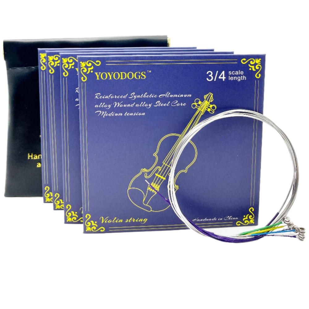 5 PCS Violin Strings 3/4 Full Set Leather Storage Pocket Medium Tension Blue