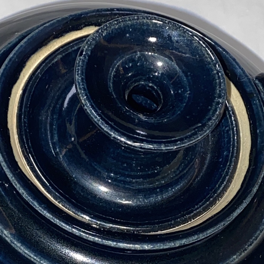 Teapot Signed Pottery Bamboo Handle Blue; Kitchen Decor