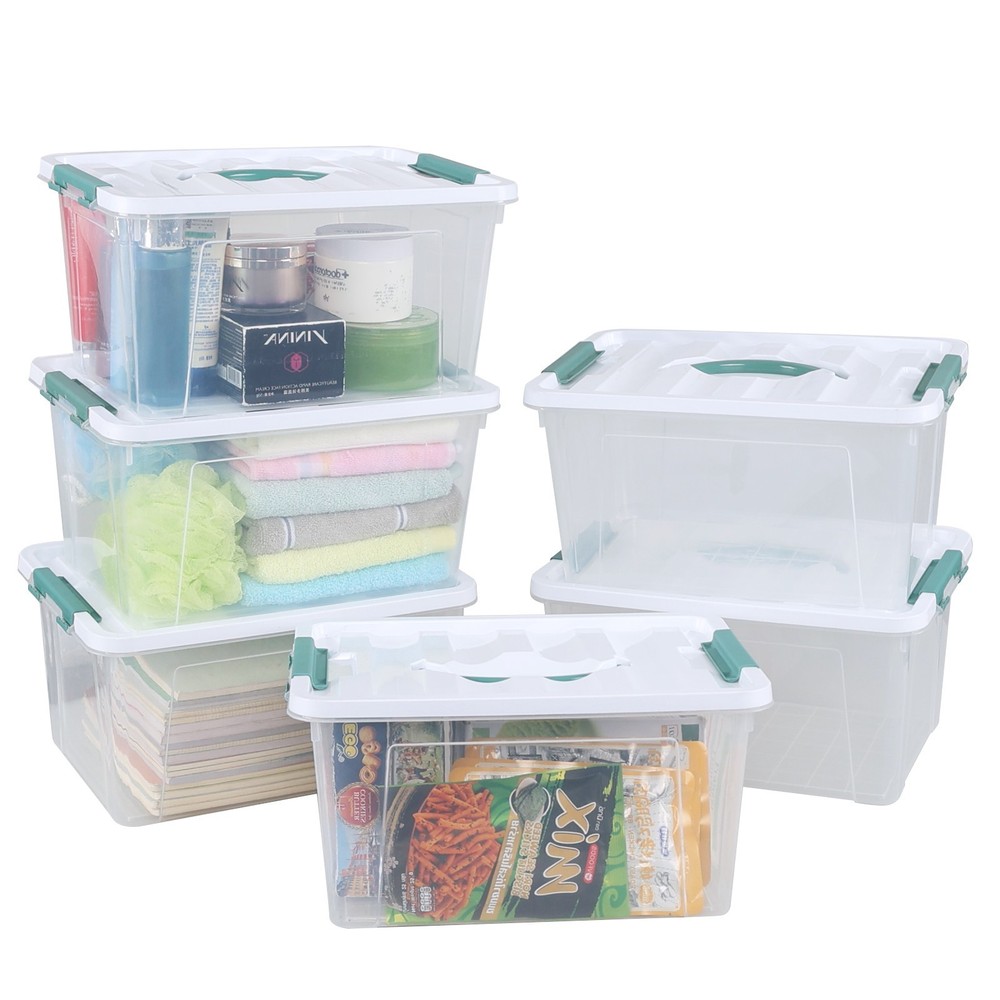 Knifefish 6-Pack Clear Plastic Storage Bins with Green Handle, 14 Quart