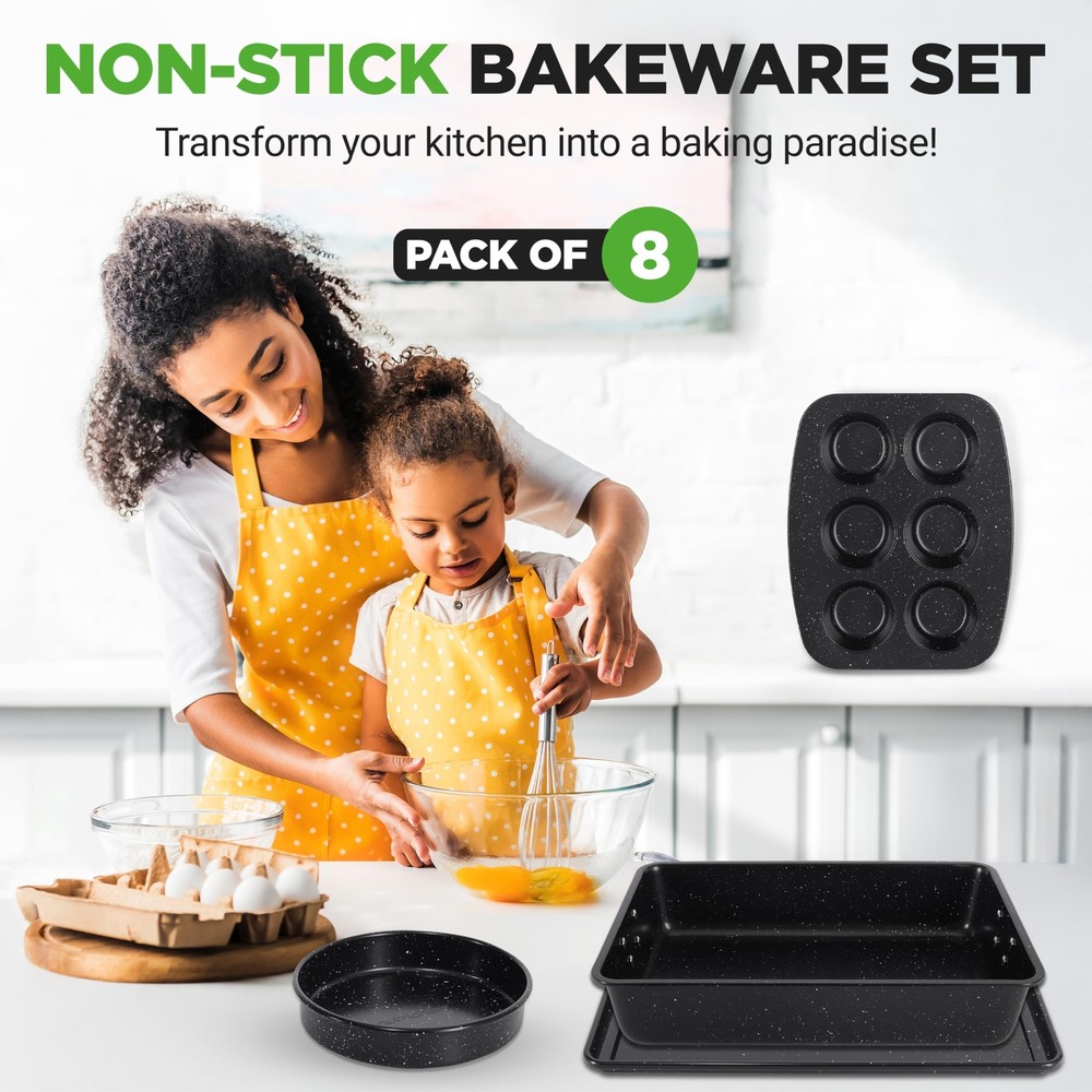 NutriChef 8-Piece Stackable Bakeware Set (Black Marble)