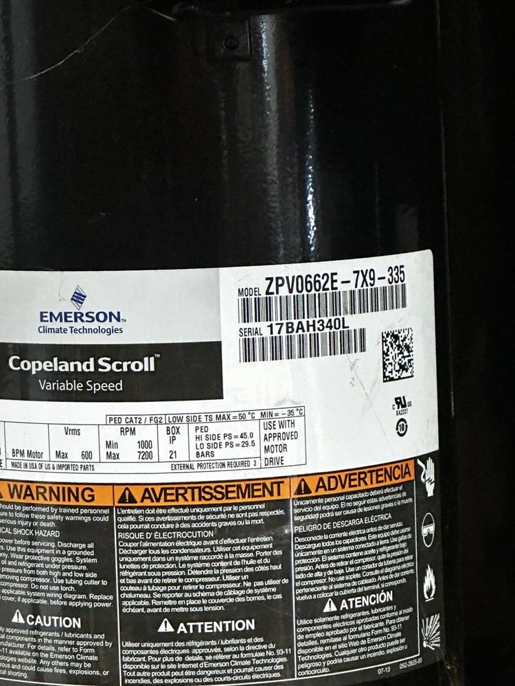 EMERSON COPELAND COMPRESSOR ZPV0662E-7X9-335