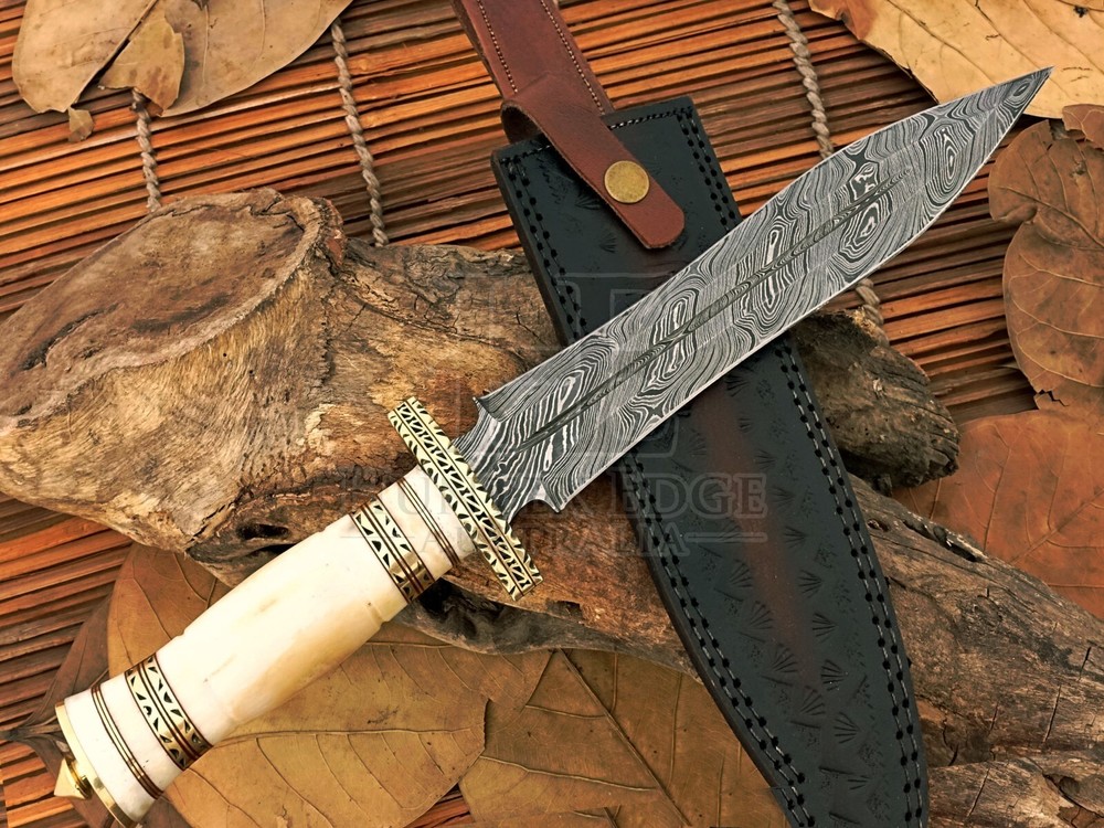 HUNTEX Handmade Damascus Blade, Camel Bone Handle, 380mm Long Exotic Boot Dagger