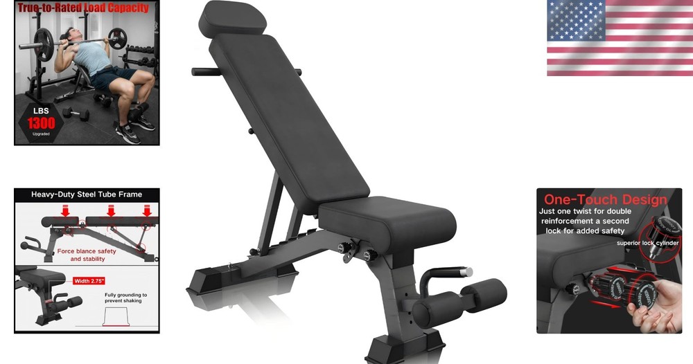 Heavy-Duty 1300 LB Folding Weight Bench with Dragon Flag Handle & Adjustability