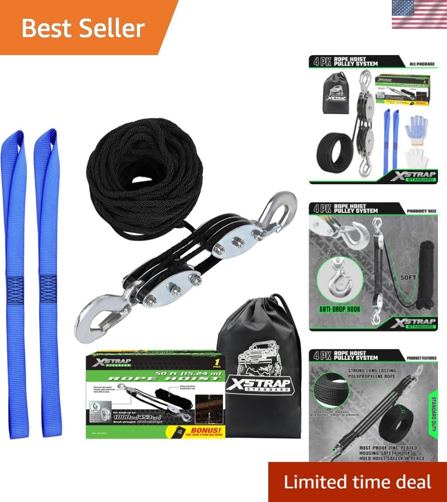 50FT Heavy-Duty Rope Hoist with 2000 LB Strength & Metal Wheels for Easy Lifting