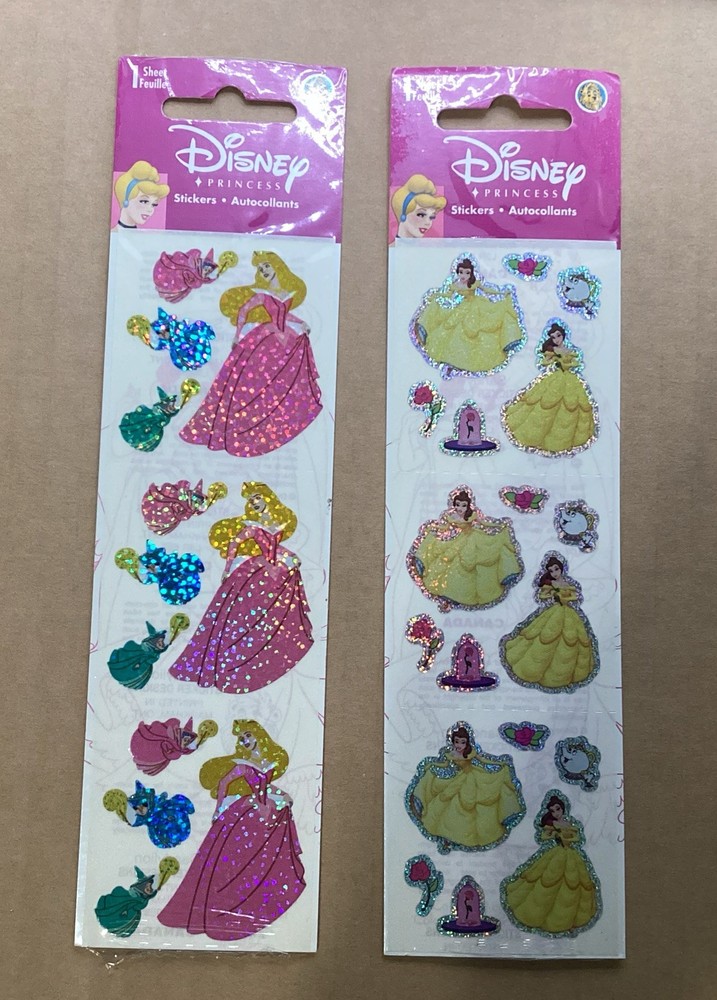 6 Disney Princesses Sticker Sheets , Puffy , glittery And Regular