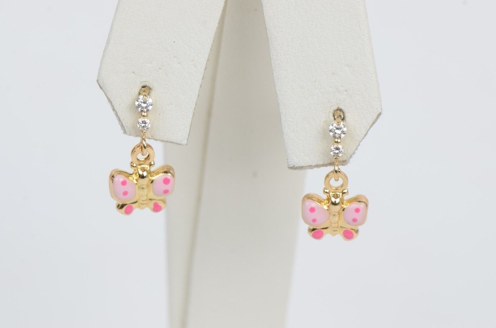 14K Solid Yellow Gold Butterfly Dangle Earring with Enamel